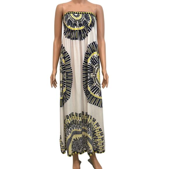 large strapless circular abstract print smocked maxi sun dress D2 2995 - Picture 2 of 10